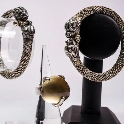 Sterling Silver Brutalist Moonstone Ring, Size 6 & Silver Dragonhead Bracelets - 2.25"