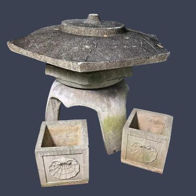 Cast Stone Japanese Style Garden Pagoda with Pair of Shell Motif Planters 