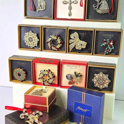Monet Rhinestone Christmas Ornaments (4)& Brooches (9) In Box