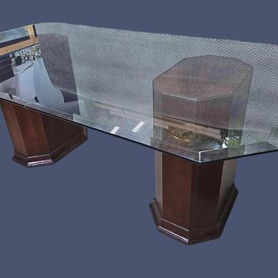 Ethan Allen Glass-Top Dining Table with Dual Wood Pedestal Bases- 76X44X30”