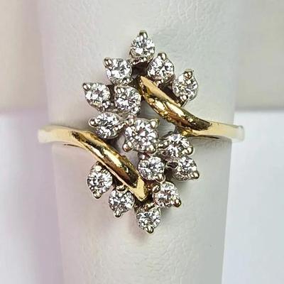 14K Gold Diamond Cluster Ring - Size 8