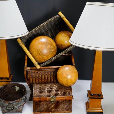 Wood Architectural Form Table Lamp Pair, 29" With Wood Orbs & Baskets