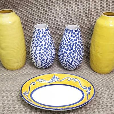 Large Blue, White & Yellow Ceramic Vases & Bowl 