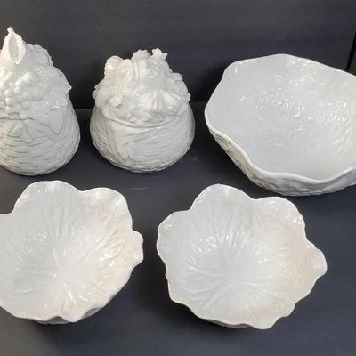 White Ceramic Fitz & Flyod Cannisters, Plus Cabbageware Serving Bowls