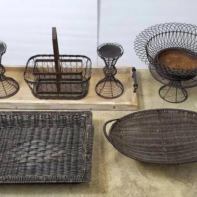 Rustic Wire & Woven Basket Lot with Trays & Candle Stands