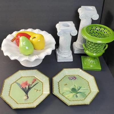 Green Ceramic Urn, Ceramic Fruit, Pedestal Dish, Doric Column Candlesticks