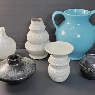 Signed Black Scraffito Accented Pottery Vases & More Decor