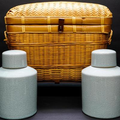 Modern Celadon Crackle Glazed 8" Ginger Jar Pair With Lidded Asian Style Basket