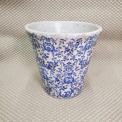 Large Blue & Gray Chinoserie Ceramic Planter - 13" Dia, 14" H