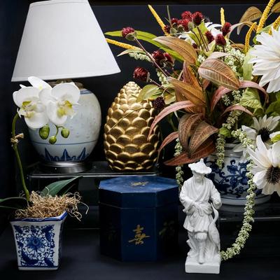 Asian Inspired Blue & White Lamp & Decor With Faux Florals 