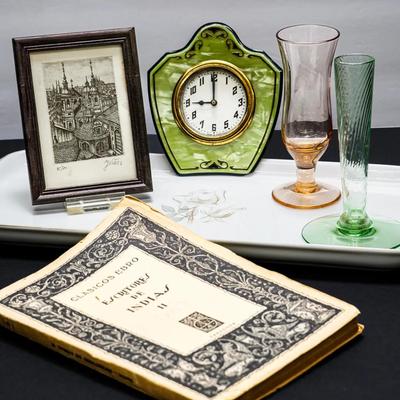 Vintage Uranium Glass 4" Bud Vase, Art Deco Celluloid Clock, Signed & Numbered Woodblock Print