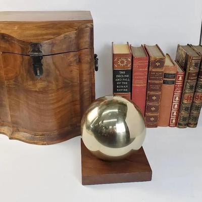 Wood Storage Box, Vintage Books & Gold Orb