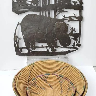Metal Hippo Wall Art with Woven African Coil Baskets