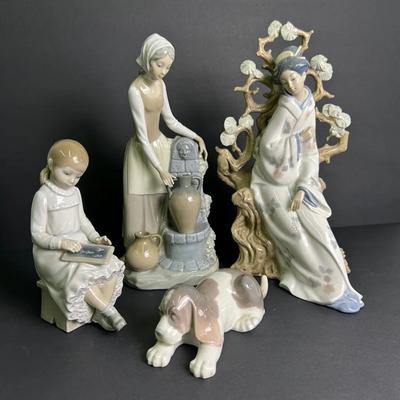 Lladro & Nao Figurines - Geisha, Girl At Well,  School Girl & Puppy