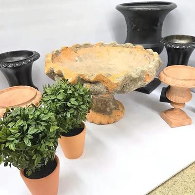 Terra Cotta & Black Urn Planters - 5" Dia, 7" H To 8" Dia., 23" H