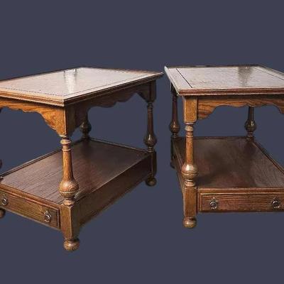 Ethan Allen Parquet Top Oak Side Table Pair - 21"x27"x23"