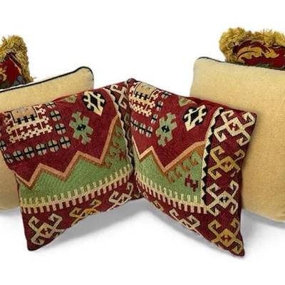 Tapestry Print & Camel Colored Throw Pillows (6)- 16x16" To 17x17"