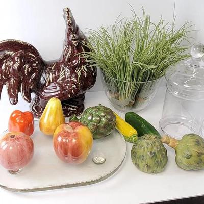 Kitchen Decor: Ceramic Rooster, Fruit & Vegetables, Plus Glassware