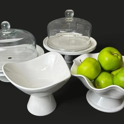 White Ceramic Pedestal Bowls & Cake Stands With Glass Cloches- 9" To 13" Dia