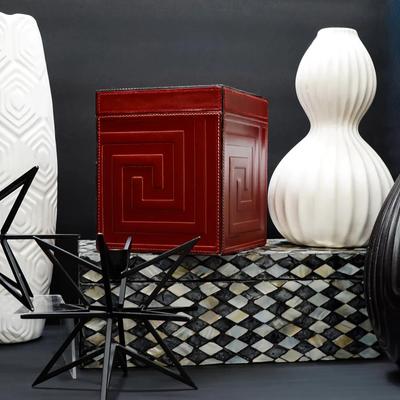 Mother Of Pearl & Abalone Mosaic Box, Emossed Leather Box, Ceramic Vases