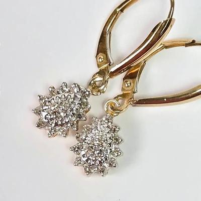 10K Gold Diamond Cluster Dangle Earrings - 1.25" long
