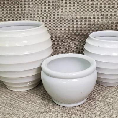 Large White Ceramic Planter Trio - 12" Dia, 14" H to 10" Dia, 8" H