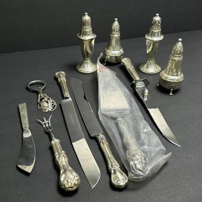 Sterling Silver: Weighted Salt & Pepper Shakers Plus Sterling Handled Serving Utensils