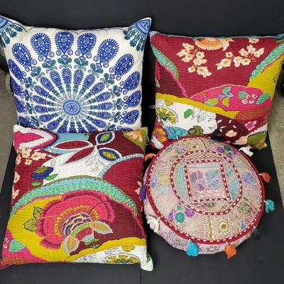 Boho Embroidered & Quilted Throw Pillows (4)- 16" Dia To 20x20"