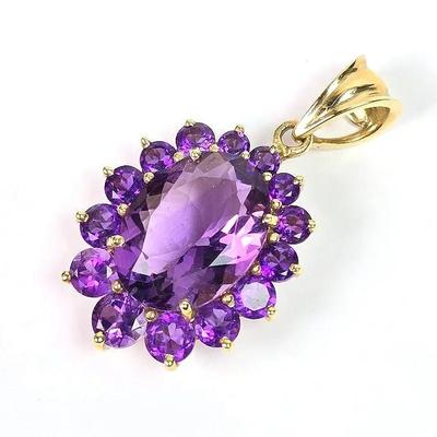 14K Gold Amethyst Pendant  - 1.25" Long