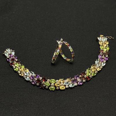 Multi-gem Sterling Bracelet + Earrings