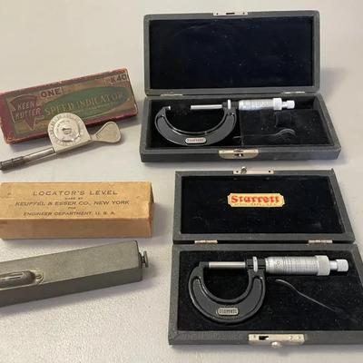 Starrett Micrometers, Keen Kutter Speed Indicator & K&E Locator’s Level