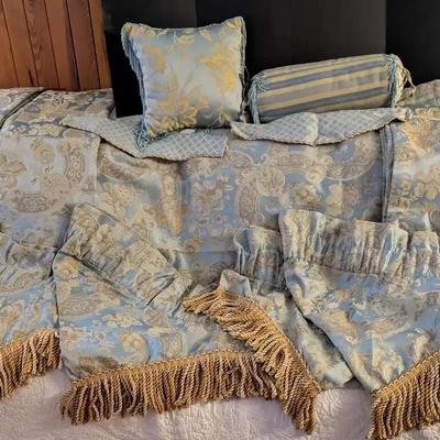 Croscill Blue & Gold Drapery Ensemble with Panels, Valances, Tiebacks & Accent Pillows