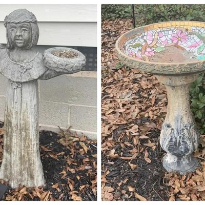 Cement Girl Bird Bath & Mosaic Bird Bath