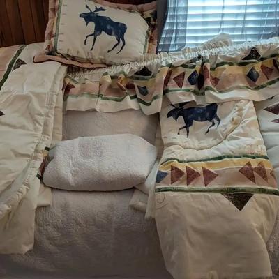 Rustic Moose-Themed Bedding, Hand-Painted India Ink Linens, Twin XL Bedspreads & Window Treatments