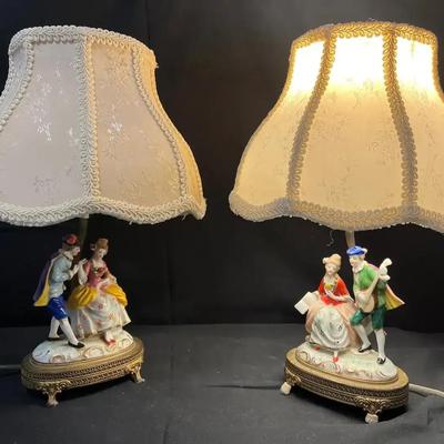 Pair of Vintage Porcelain Colonial Couple Table Lamps on Ornate Brass-Tone Bases