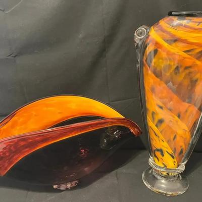 Hand-Blown Art Glass Vase & Bowl with Vibrant Swirl Designs