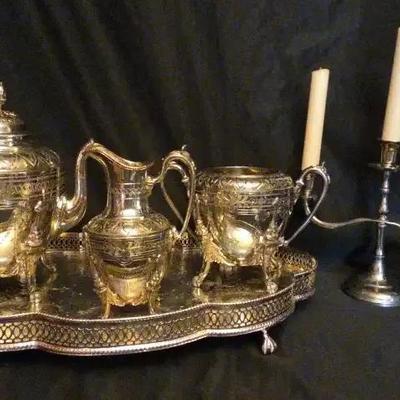 Vintage Silver-Plated Tea Service Featuring Shaw & Fisher Kettle & Candelabra