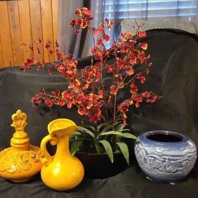German Stoneware Pottery Bowl, Mustard Pottery Vases & Floral Arrangement