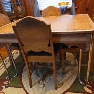 Vintage Carved Wood Dining Table & Four Painted Chairs by Biederman Furniture