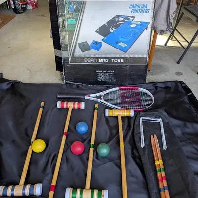 Carolina Panthers Bean Bag Toss, 4-Player Croquet Set & Wilson “Intrigue” Tennis Racket