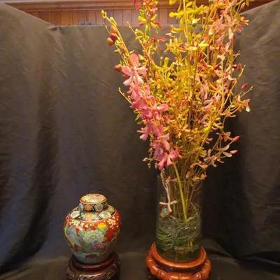 Japanese Ginger Jar, Trinket Box, Chinese Wood Stands & Faux Orchid Arrangement