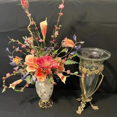 Reichenbach Porcelain Floral Arrangement & Art Nouveau-Style Glass Vase