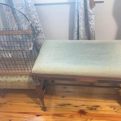 Vintage Upholstered Stools With Wire & Wicker Basket