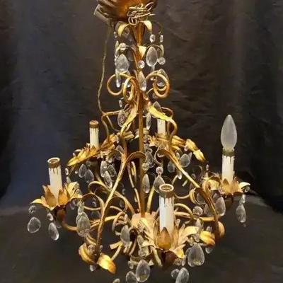 Vintage Gilt Metal 6-Light Chandelier with Crystal Drops — Elegant Old-World Craftsmanship