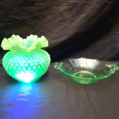 Uranium Glass Candy Dish & Fenton Hobnail Ruffled Vase