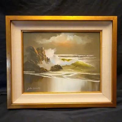 Vintage Framed Oil Painting “Crashing Waves” by Julie Gregory