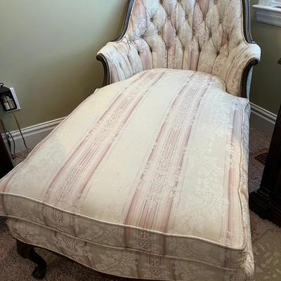 Vintage Tufted Chaise Lounge Chair with Wooden Accents