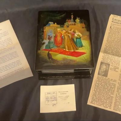 Hand-Painted Russian Lacquer Miniature Box with Folklore Scene, Signed w/ Original Papers