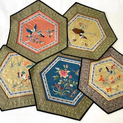 Hexagonal Chinese Silk Embroidered Panels, 5pcs