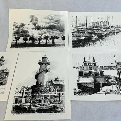 Martin L Wauk Lithographs Of Historic Marina Del Rey, 4 Pcs